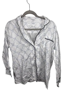 Marigot Women’s Pajama Top Button Down Long Sleeve Frog Print White Blue Size S - Photo 1/4