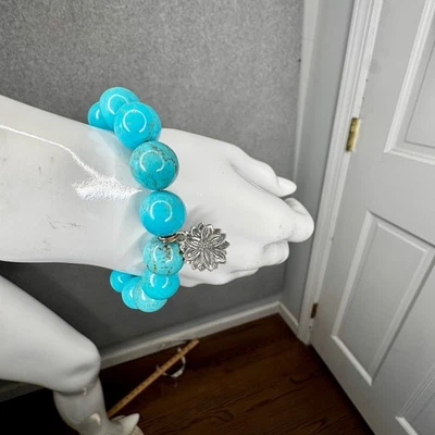 Turquoise Howlite Style Bracelet Large Stone Look Beads Charms Jewelry - Image 1 of 4