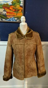 Mojo Moda Brown Embroidered Zip Jacket Coat Faux Fur Suede Sz Large L - Picture 1 of 10