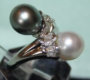 16 Grams Solid Platinum Black & White Pearl with Baguette Diamonds Bypass Ring
