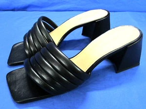BRUNO MENEGATTI Prudie BLACK LEATHER Slip-On SQUARE TOE Heels Slides Sandals 10 - Picture 1 of 8