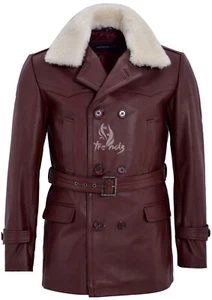 GERMAN PEA COAT Cherry Fur Men's Classic Reefer Military Hide Leather Jacket - Picture 1 of 5