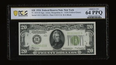 DBR 1934 $20 LGS FRN New York Fr. 2054-Blgs PCGS-B 64 PPQ Serial B13128022A - Image 1 of 2
