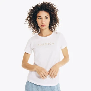 New Nautica Ladies' Short Sleeve Gold Studded V-Neck T-Shirt Size Large White - Picture 1 of 2