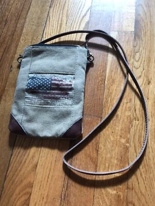 Mona B Mini Crossbody Bag American Flag Women Zipper 9" x 6" Beige - Picture 1 of 9