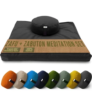 Cotton Meditation Cushion Mat Set - Buckwheat Fill Yoga Pillow for Zen Knee Pad - Picture 1 of 100