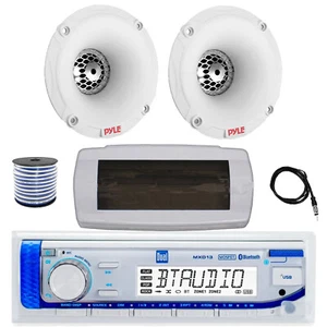 Dual Bluetooth Marine Radio, Cover, Antenna,Wire, 2x 1" 120W Tweeters (White) - Picture 1 of 6