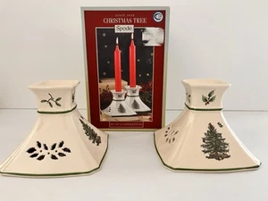 New Spode Set Of 2 Christmas Tree Candle Holder Porcelain Original Box 3.5" - Picture 1 of 13