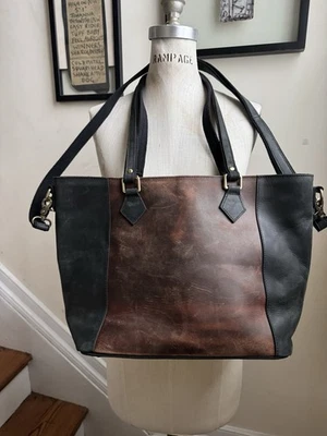 S-Zone Black Brown Distressed Leather Shoulder Bag Work Computer Travel Tote - Image 1 of 4