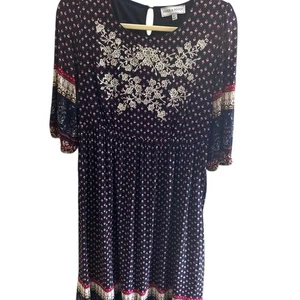 Piper & Scoot Blue Pink Floral Embroidered Midi Dress size Medium Colorful Hem - Picture 1 of 12