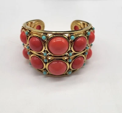 人造珊瑚绿松石凸圆形开口袖口金色手链 *有缺陷 BOHO — 第 1/4 张图片