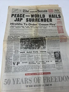 VINTAGE NEWSPAPER REPRODUCTION THE HERALD PEACE WORLD HAILS JAP SURRENDER WW2 - Picture 1 of 17