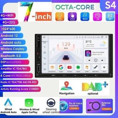 7" Double 2Din 8Core Android 12 Car Stereo WiFi CarPlay GPS Navi Radio BT 4+32GB - Image 1 of 4