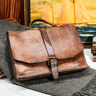 Maletín portafolio de cuero marrón resistente vintage para computadora portátil Foto 1 de 4