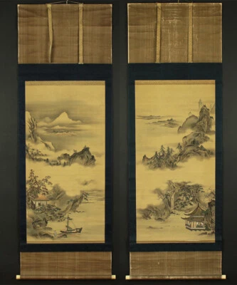 Un par de pergaminos japoneses pintados a mano del siglo XVIII Sansui-Ga Kano Naganobu (1775-1828) Foto 1 de 4