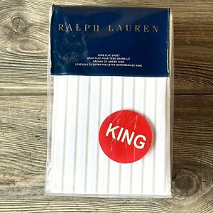 Ralph Lauren Prescot Stripe Sheeting King Flat VSlvr/Wht Combed Cotton NWT $215