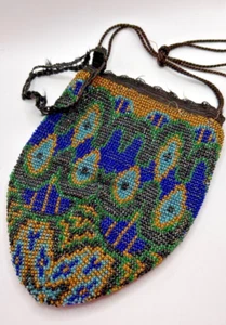 Antique Glass Seed Bead Reticule Draw String Purse Peacock Feather Pattern JCS - Picture 1 of 3