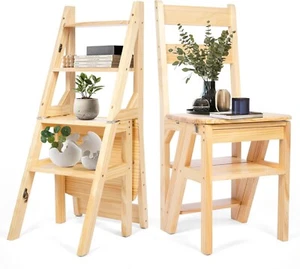 Solid Wood Folding Ladder Chair,Protable 4-Step Library Ladder,Children's Step S - Picture 1 of 7