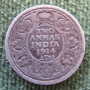 India 1914 2 Annas King George V Coin - Graded as F