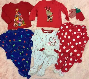 LOT OF 5 Girls Christmas Fleece Sleepers Romper Pajamas & T-Shirts 12-18 Carters - Picture 1 of 10