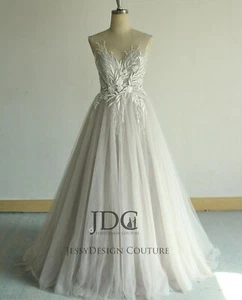 Boho Unique Glitter Illusion Unique Bridal Gown Floral Lace Wedding Dress Tulle - Picture 1 of 10