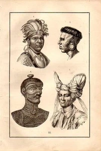 1873 STRAESSLE LITHOGRAPHIE Menschenrassen: Indianer, Botucudo & Malaiische Rasse - Bild 1 von 3