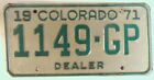Colorado CO 1971 Dealer License Plate Tag # 1149-GP B1
