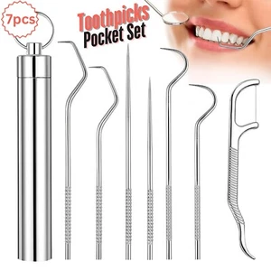 7 Stück Tragbar Edelstahl Zahnstocher Tasche Set Wiederverwendbar Reinigung Reise Kit - Bild 1 von 8