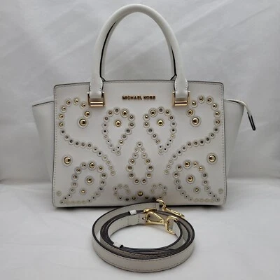 Michael Kors  Studded Selma Medium Top Zip Leather Satchel - Optic White - Image 1 of 4