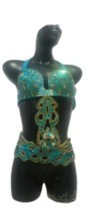 Ägyptischer Bauchtanz Kostüm BH Gürtel Profi Tanzen Türkis Handarbeit - Bild 1 von 9