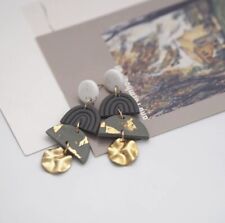 Handmade Geometric Dangle Brass Drop Layered Vintage Polymer Clay Earrings Gift