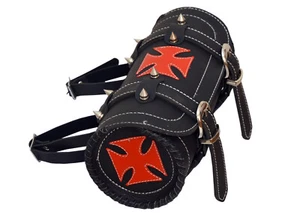 Gothic Motorcycle Biker Leather Tool Rool Black Bag with Red Iron Cross - Picture 1 of 3