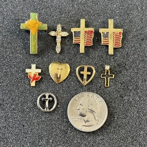Mixed Lot of 9 Religious Crosses Cross Crucifix Pins Pinbacks #48216 - Picture 1 of 3