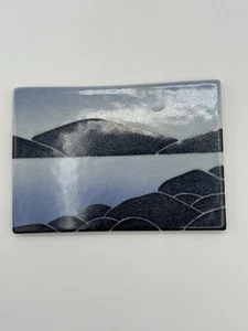Small Handmade Tile Mountains Ocean Blue Grey 4.75x3.25” Signed - Bild 1 von 6