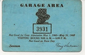 1968 Indianapolis Motor Speedway Garage Area Pass - Bild 1 von 2