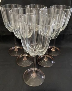 Delicate Hand Blown Crystal Tulip Shape Wine Glasses Pink Stems Set of 6 - Picture 1 of 9