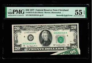 1977 $20 Butterfly Fold Error Cleveland PMG Uncirculated  55 EPQ - Picture 1 of 2