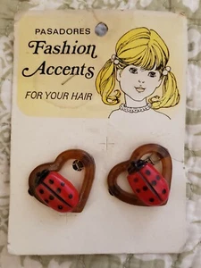 Vintage Pasadores Heart & Lady Bug Child's Barrettes On Card, UNUSED OLD STOCK - Picture 1 of 3