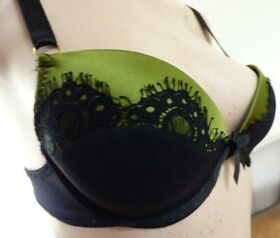 Bordelle olive satin S bra NEW padded push up Malena green demi cup 32C 34A 