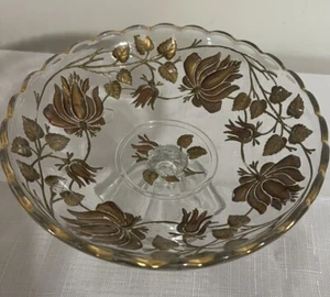 Vintage 6" breit x 3 1/2" hoch Sockel überbackene klare Schüssel Gold Blumen Intarsien - Bild 1 von 3