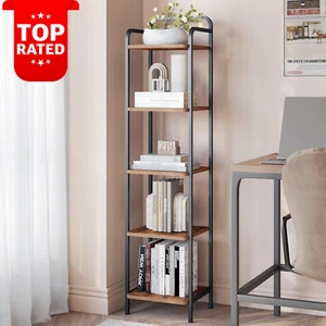 Narrow Bookcase Bookshelf 5 Tier Slim Industrial Corner Shelf Rustic Brown Black - Picture 1 of 12