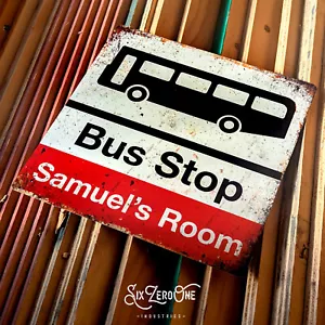 Personalised Bus Stop Square Metal Sign Landscape. Worn Rust print look Any Name - Picture 1 of 10