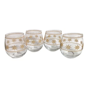 Vintage Mid Century Stemless 16oz Wine Glasses Gold Poinsettia Set Of 4 Holiday - Picture 1 of 6