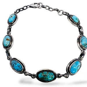 Natural Blue Persian Turquoise 925 Sterling Silver Oval Link - Picture 1 of 10