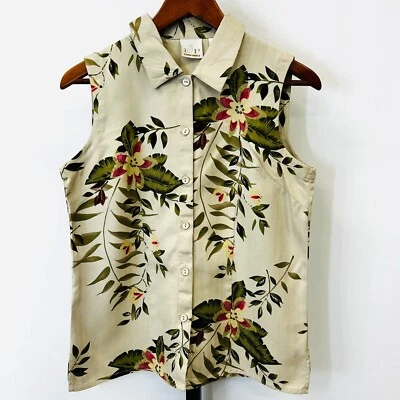 Blusa sin mangas de seda EP Pro talla S estampado tropical floral con botones Foto 1 de 4