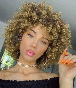 Synthetic African American Wig Kinky Curly Hair Wigs with Bangs Brown Blonde Mix - Picture 1 of 11