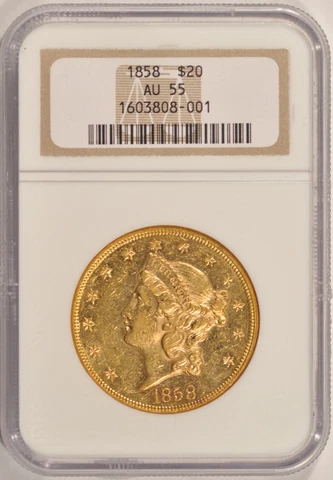 1858 $20 Liberty Gold Double Eagle Coin NGC AU55 Type 1 Pre-1933 Gold Cover