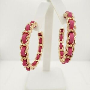 Graziano Pink Braid Chain Hoop Earrings Goldtone