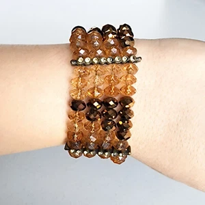 Wide Amber Beaded Stretch Bracelet in Copper, Brown, Orange - Picture 1 of 6