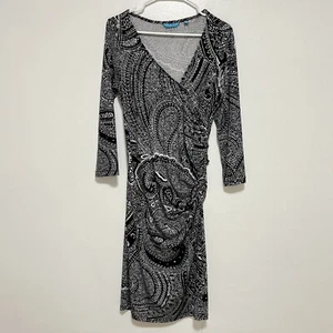 Tori Richard Women’s Large Black Paisley Stretch Surplice Ruched Dress - Picture 1 of 11